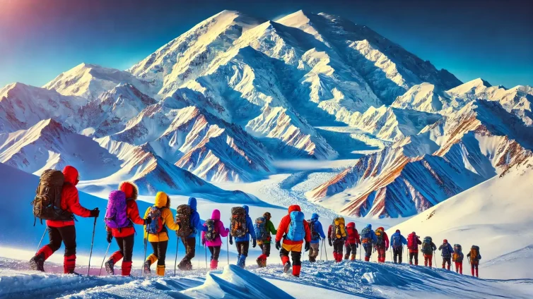 DALL·E 2025-03-23 02.05.07 – A breathtaking view of Mount Denali in Alaska, USA, under a clear blue sky. In the foreground, a group of hikers dressed in colorful winter gear, incl DALL·E 2025-03-23 02.05.07 - A breathtaking view of Mount Denali in Alaska, USA, under a clear blue sky. In the foreground, a group of hikers dressed in colorful winter gear, incl